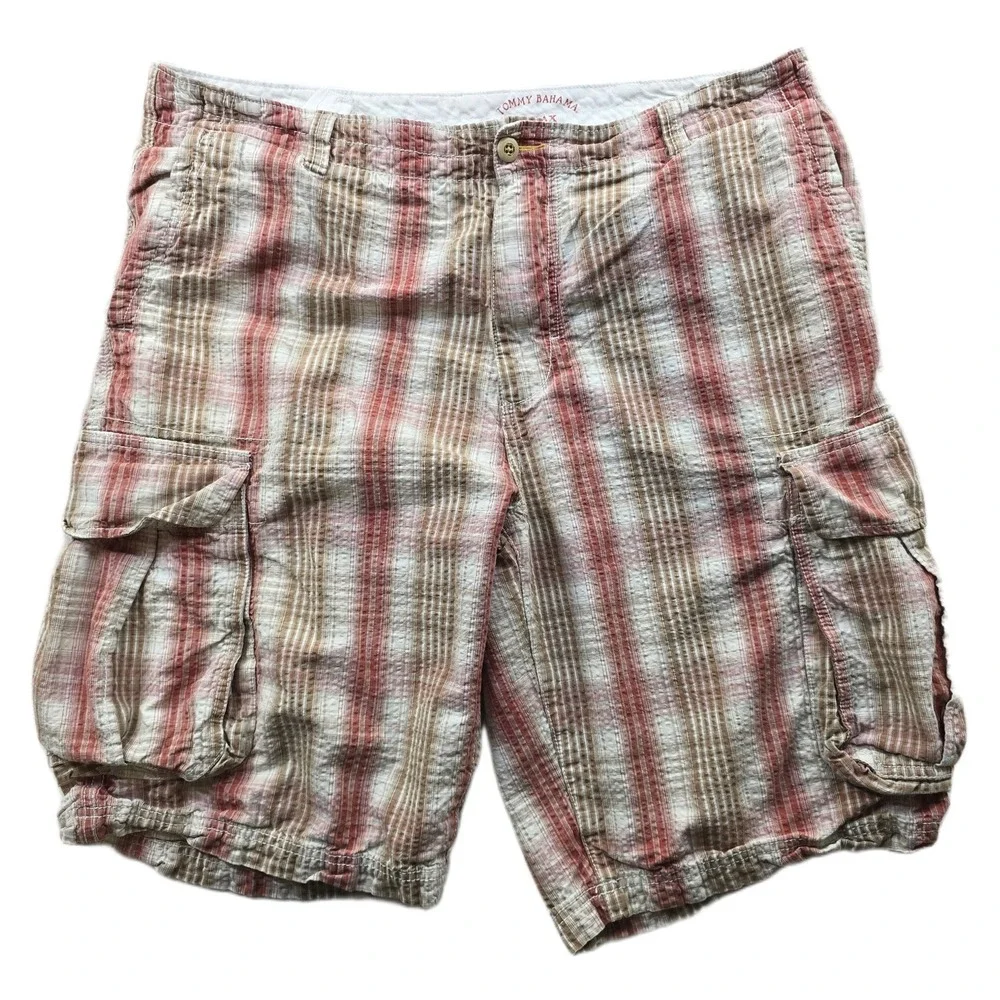 Tommy Bahama Cargo Shorts Mens 38 Red Plaid Cotton Tencel‎ Relaxed Fit Relax